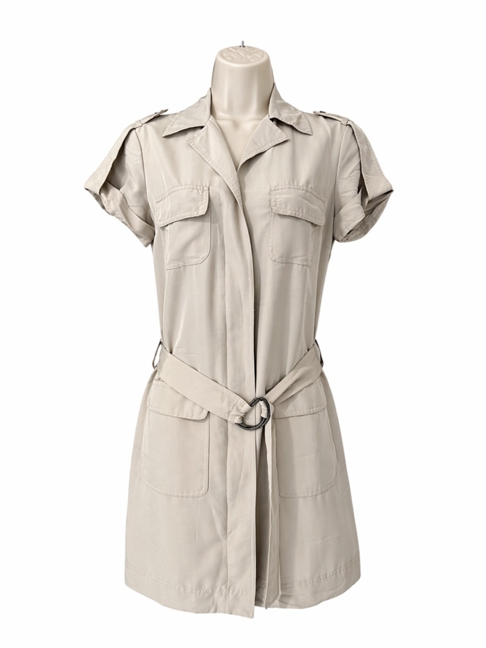 New York & Company Beige Utility Shirt Dress Size XS Belted Safari Short Sleeve